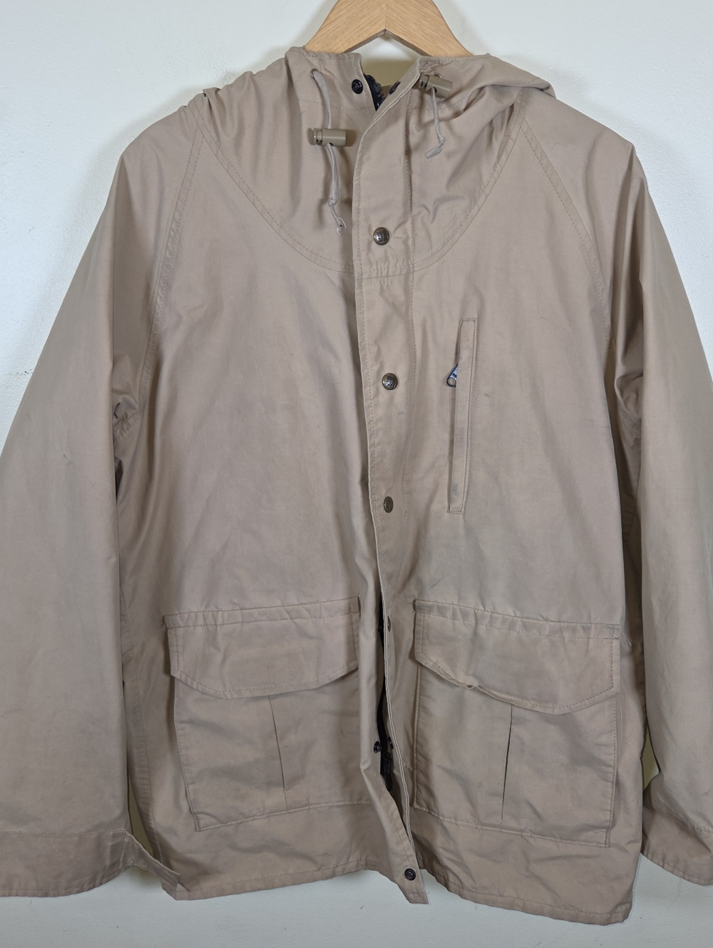 Vintage 80s Rain Jacket Womens 2X Tan Hoodie Parka Utility COLUMBIA Goretex FLAW